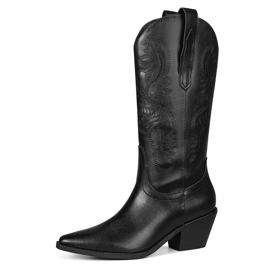 GIGIFOX Embroidered Women Mid-Calf Western Boots Block High Heel Point