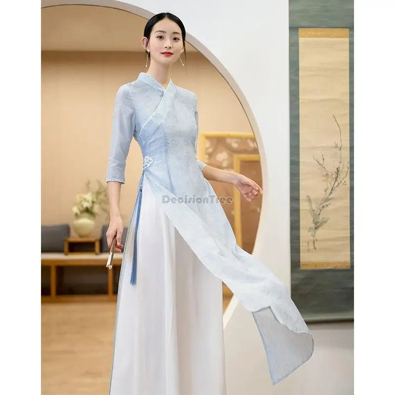 Elegant ao dai chiffon long dress Women vietnam style Slim cheongsam vintage mandarin collar middle sleeves traditional dress