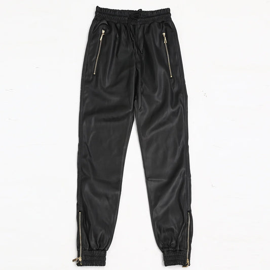 #2209 Autumn Winter Motorcycle Jogger Pants Casual Pencil Harem Faux Leather Pants Men Zipper Elastic Waist Stretch PU Pants