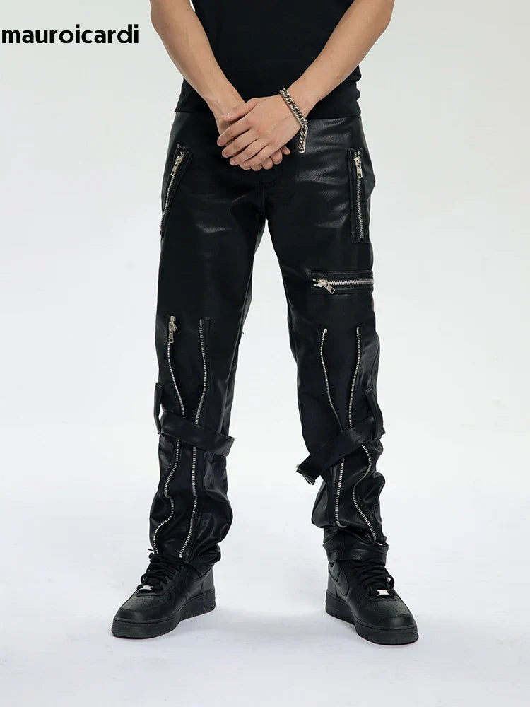 Mauroicardi Spring Autumn Cool Black Pu Leather Pants Men's with Many Zippers Belt Designer Clothing Trousers Fashions 2023