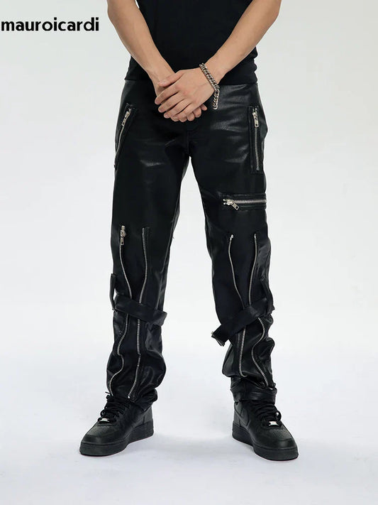 Mauroicardi Spring Autumn Cool Black Pu Leather Pants Men's with Many Zippers Belt Designer Clothing Trousers Fashions 2023