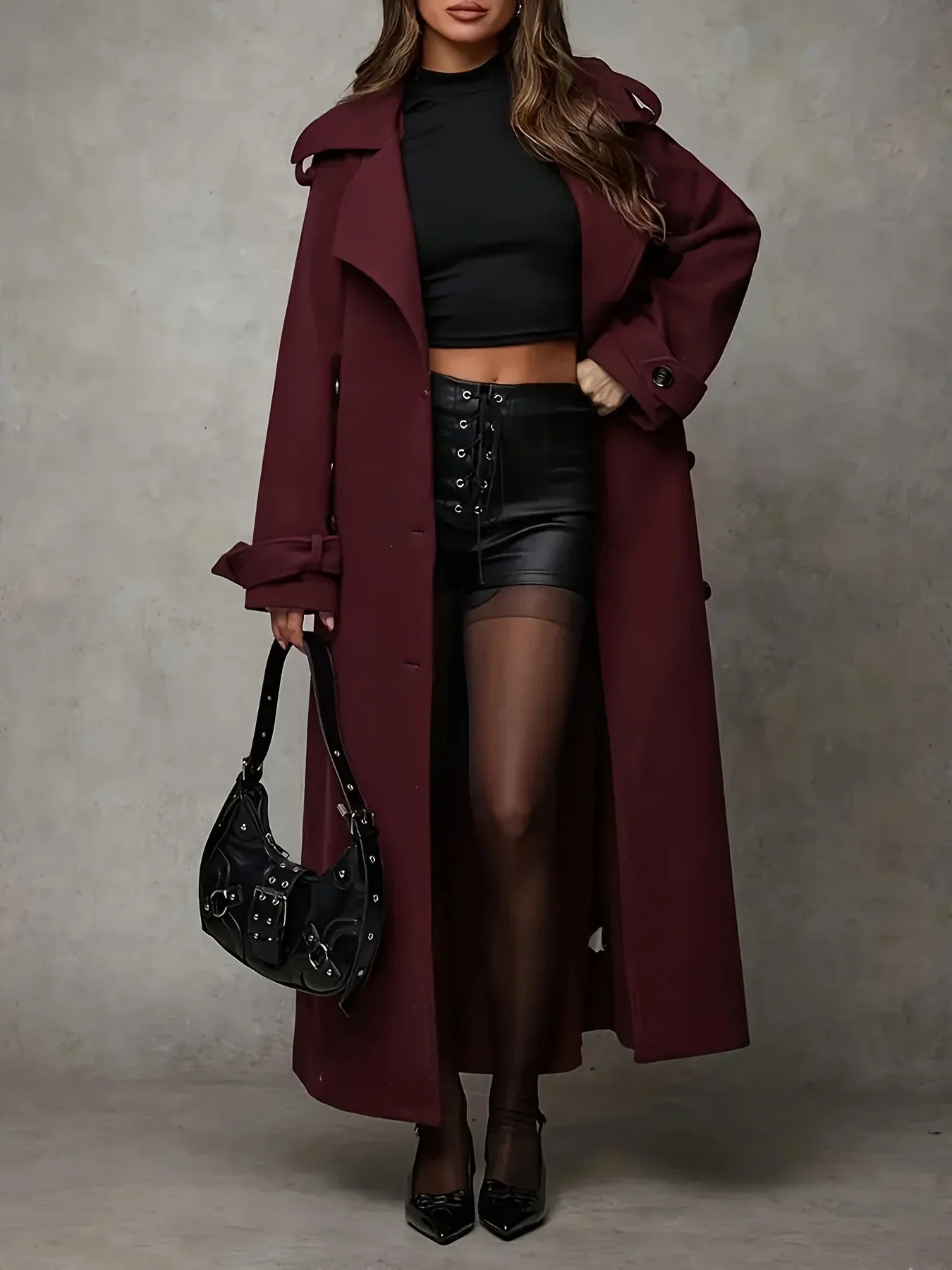 Autumn And Winter Women'S Double Breasted Turtleneck Wool Trench Coat With Belt Decoration, Suitable For Daily Commuting
