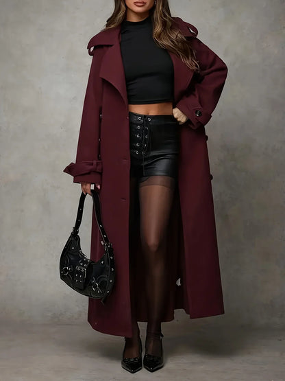 Autumn And Winter Women'S Double Breasted Turtleneck Wool Trench Coat With Belt Decoration, Suitable For Daily Commuting