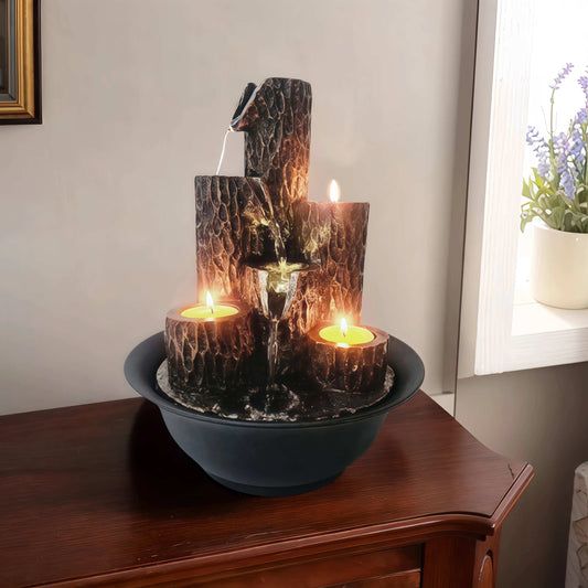 Resin 3-Tier Tabletop Waterfall Fountain with Candle Her, Desktop Water Fountain Indoor Home