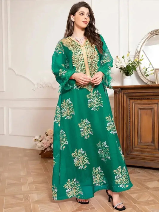 Charming banquet style Round neck Printing Embroidery Regular sleeve Kaftan suitable for all seasons