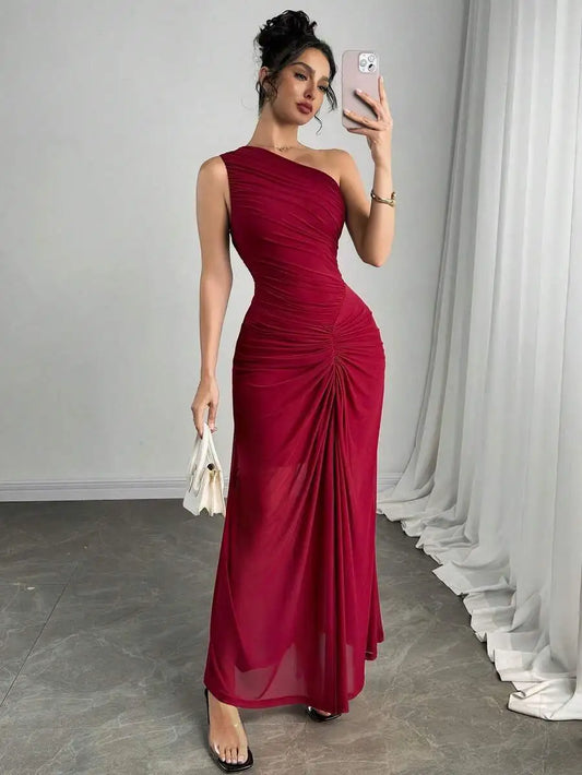 Women'S One-Shoulder Ruched Burgundy Maxi Dress - Elegant Evening Party Gown