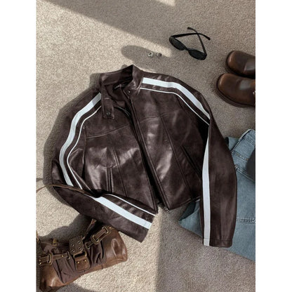 Women's Striped Long Sleeve Casual Brown Faux Leather Motorcycle Cropped Jacket, Autumn