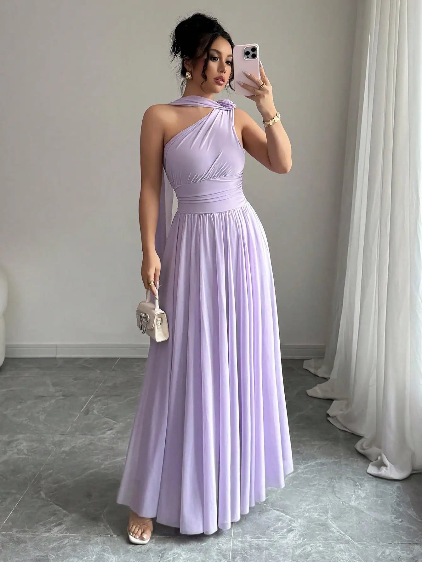 Women'S Lavender One-Shoulder Flowing Maxi Dress - Draped Neck Pleated Skirt For Weddings & Events