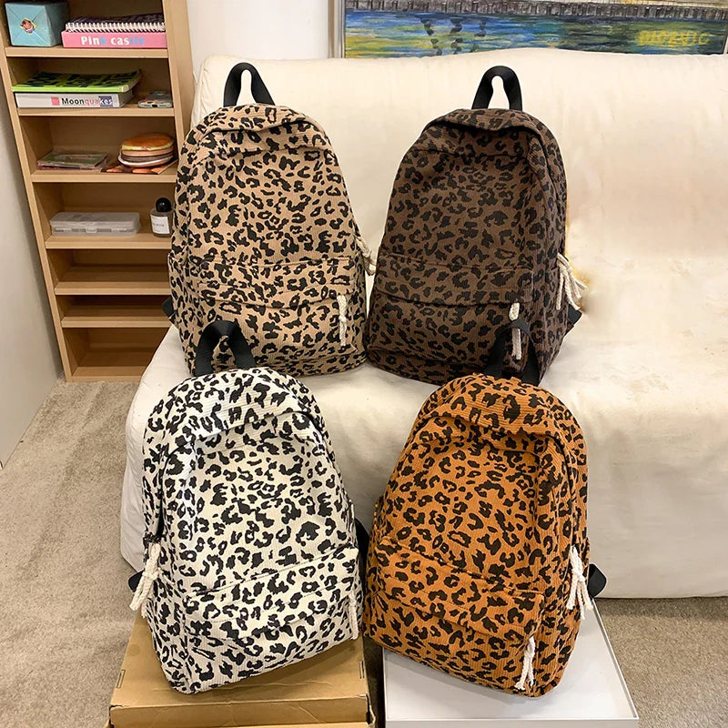 Corduroy Leopard Backpack Teenagers School Bag Women Backpack Korean Large Capacity Versatile Leisure Schoolbag Travel Bag