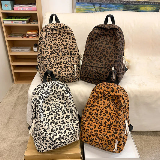 Corduroy Leopard Backpack Teenagers School Bag Women Backpack Korean Large Capacity Versatile Leisure Schoolbag Travel Bag