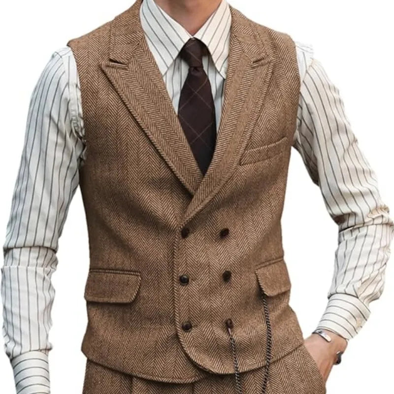 Men Vest Brown Suede Leather Gentleman Business Waistcoat Vintage Regular Slim Business Banquet Menuit Vest