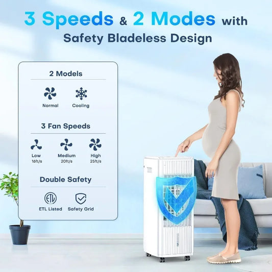 3-IN-1 Windowless Air Conditioner w/Double Tanks, Smart Timer, 3 Ice Packs, 60W Evaporative Air Cooler, 70 Oscillation, 3-Speed