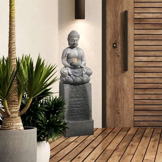 Resin Buddha Statue with LED Lights, Meditation Buddha Statue, Courtyard Fountain, Zen Inspired Decoration, Gray, 35"