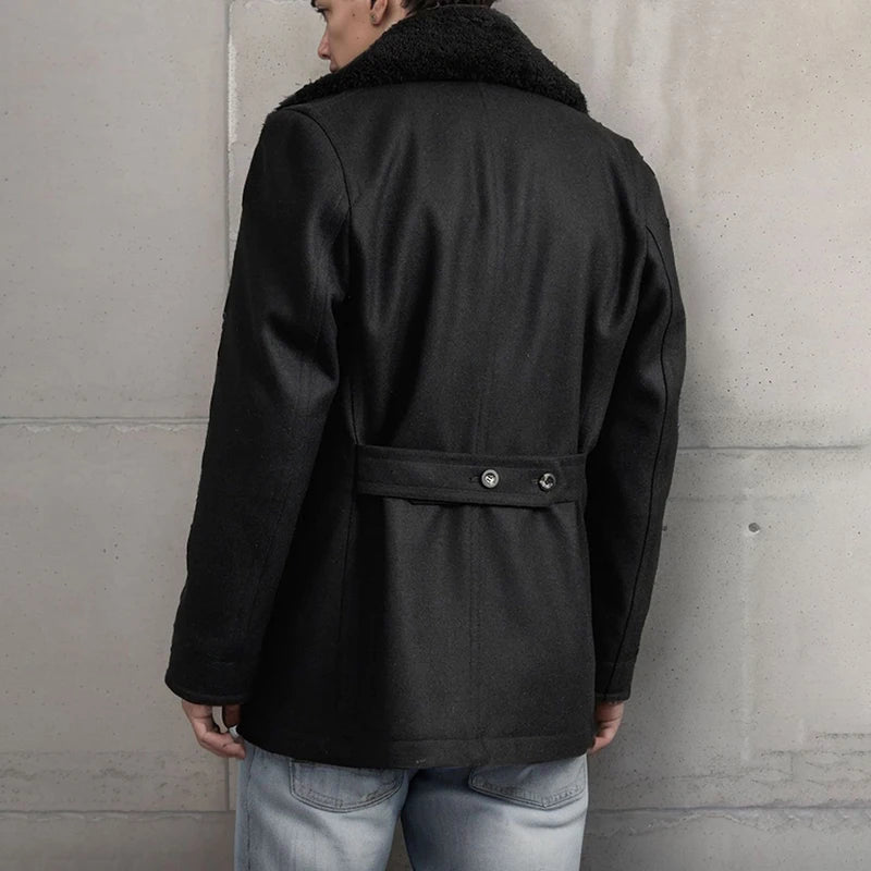 Stylish Men S Wool Pea Coat With Contrast Color Detail Double Breasted Design And Warm Long Sleeves - Perfect Winter Cardigan