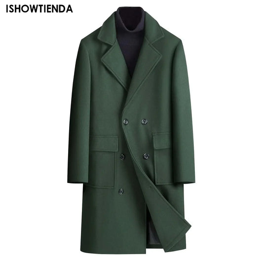 Men Coat Men's Long Leisure Coat With Lapel Two-button Placket Solid Color Windbreaker Outwear With Pockets For Mid-length Men