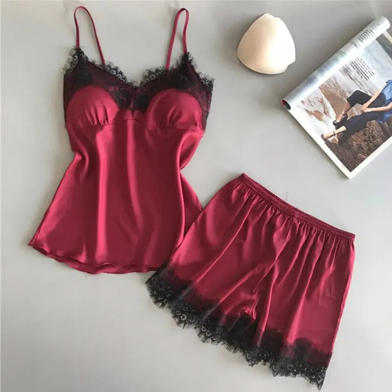 Women Pajama Suit Fashion V-Neck Lace Cute Lingerie Pyjamas Sleep Shorts Set Sleepwear New