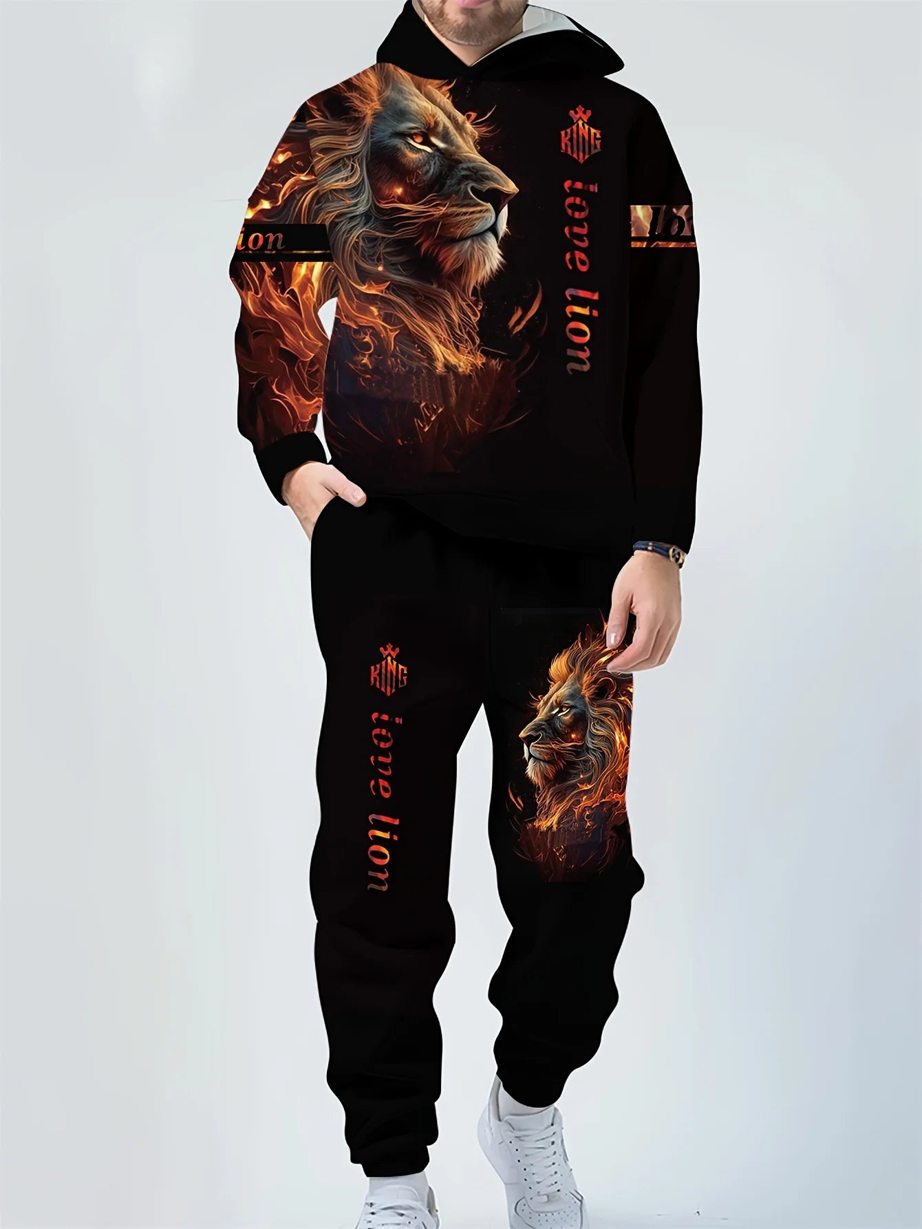 Men's 3D lion print hooded sweatshirt and sweatpants set -100% polyester fiber casual sportswear, hooded long sleeved top and po
