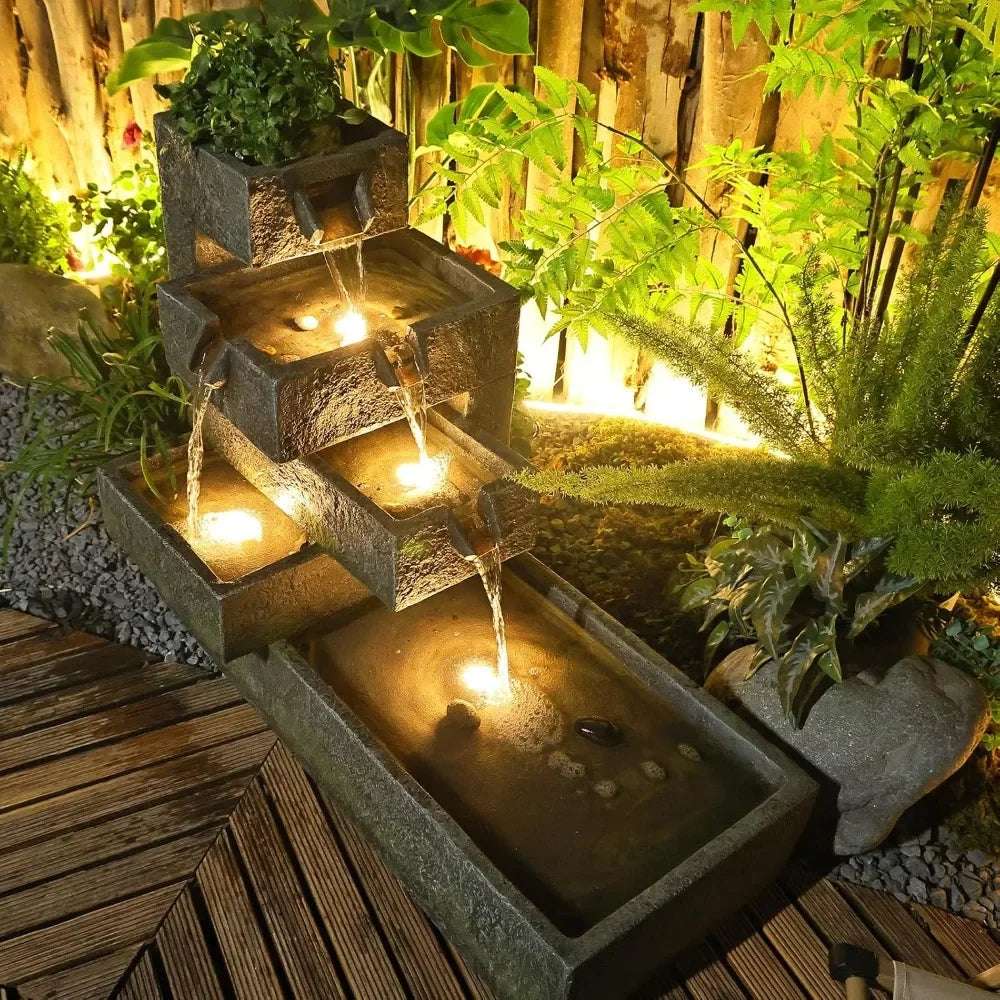32.5-" Long Layered Fountain Outdoor Garden, Waterfall Indoor Independent Fountain, Concrete Art Modern Style With Led Lights