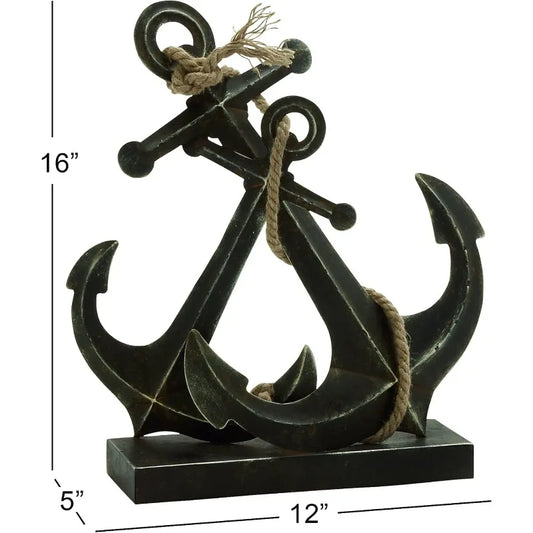 79 Metal Anchor Decorative Sculpture Home Statue with Jute Rope Accents, Accent Figurine 12" x 5" x 16", Black