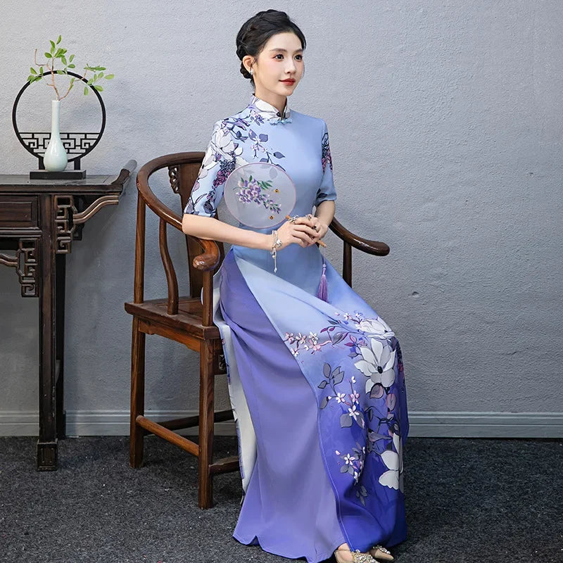 Blue Purple Cheongsam Aodai Qipao Elegant A-Line Chinese Style Dress Long Vestidos Stage Performance Costume Vestidos Banquet