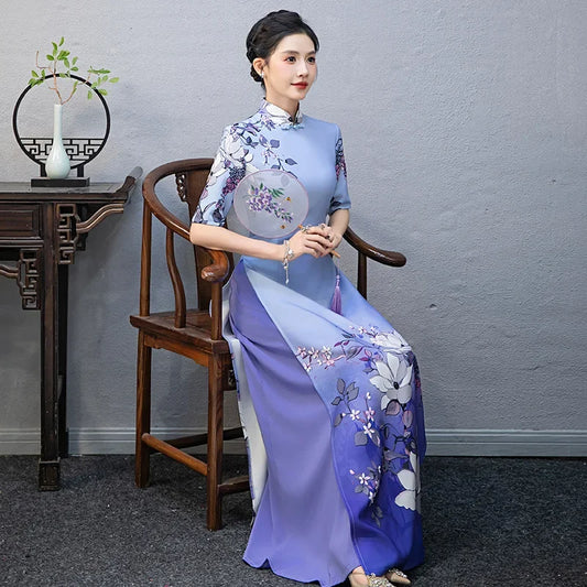 Blue Purple Cheongsam Aodai Qipao Elegant A-Line Chinese Style Dress Long Vestidos Stage Performance Costume Vestidos Banquet