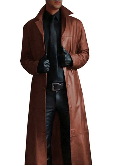 Streetwear Men Faux Leather Trench Fashion Long Windbreaker Coat Slim