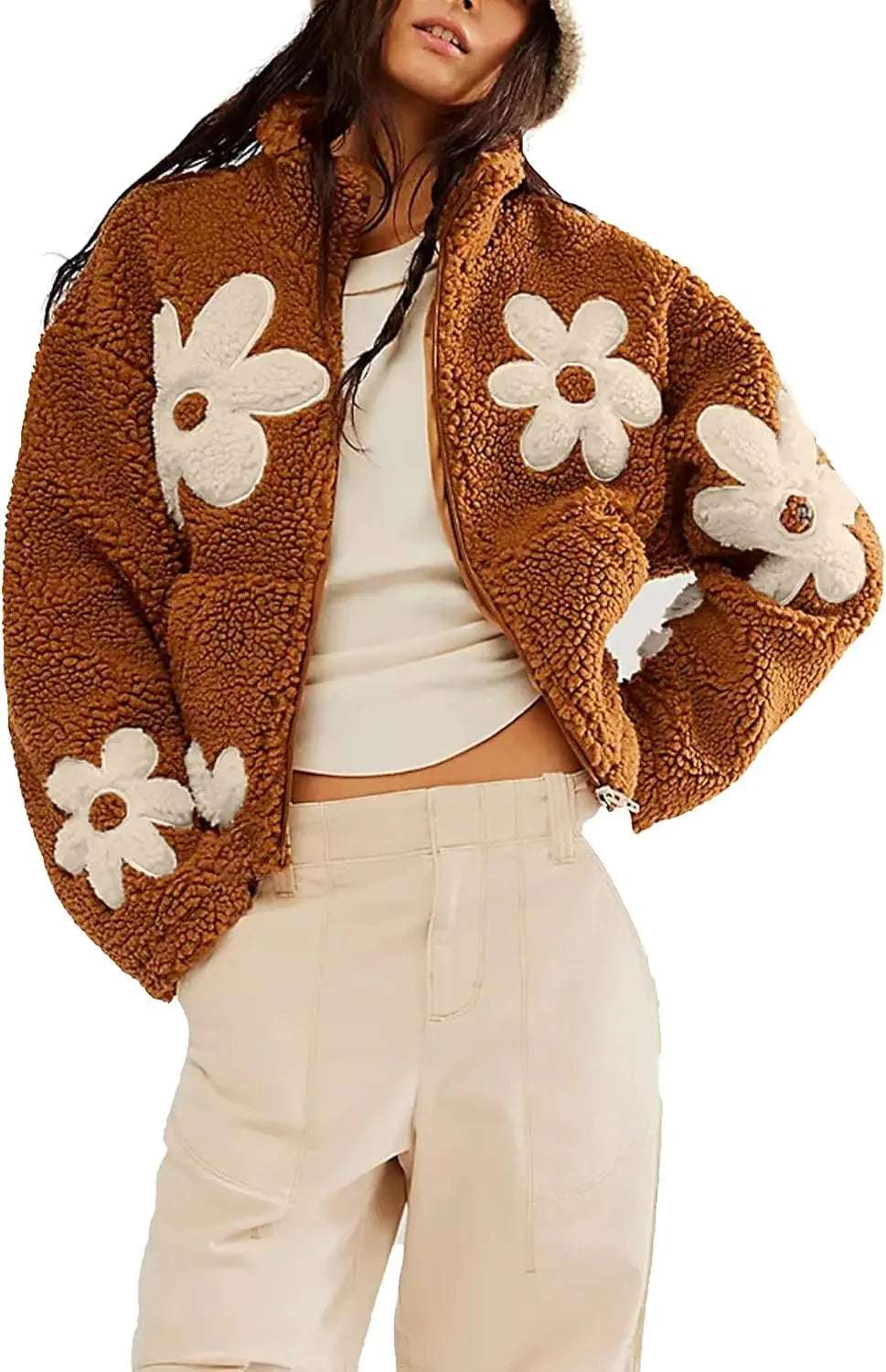 Women Floral Print Sherpa Fleece Jackets Winter Zipper Cropped Coat Casual Long Sleeve Outwear with Pockets