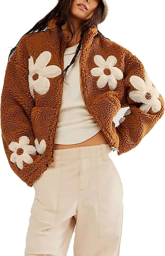 Women Floral Print Sherpa Fleece Jackets Winter Zipper Cropped Coat Casual Long Sleeve Outwear with Pockets