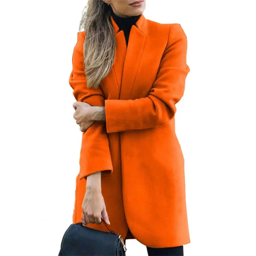Stand Collar Woolen Coat Women Coat Autumn Winter Open Stitch Long Woo