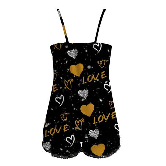 Women's Sleepwear 2 Piece Underwear Set Summer Heart Love Leter Print Sleevelss Slings Tops+Shorts Lace Hem Pajamas Suits