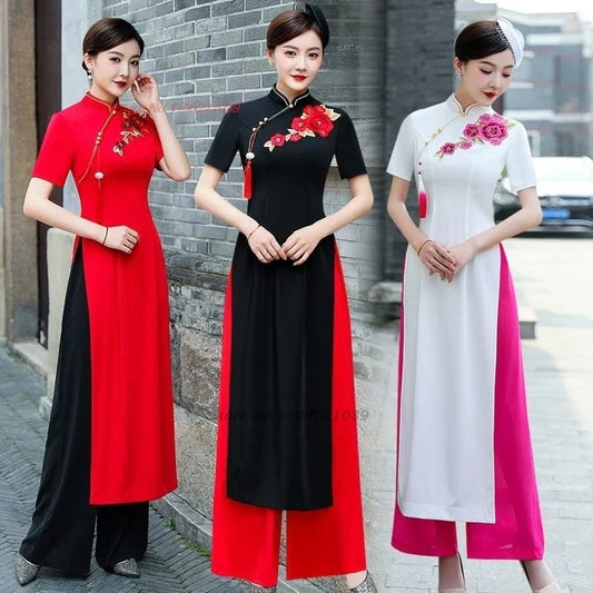 2025 vietnam woman ao dai dress chinese elegant cheongsam dress+pants set vintage flower embroidery banquet evening qipao dress