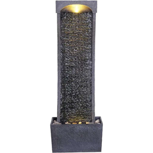 Modern curved artificial slate waterfall fountain, suitable for indoor or outdoor use, with LED lights and 1.98 gallon pump