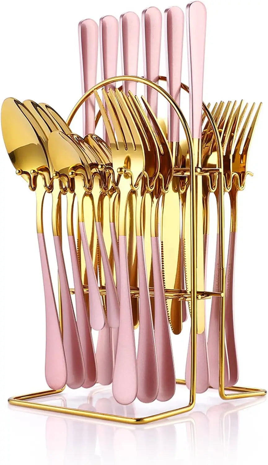 24-Piece Stainless Steel Flatware Set For 6, Gold Mirror Polished With Pink Matte Handles, Includes Silverware Holder