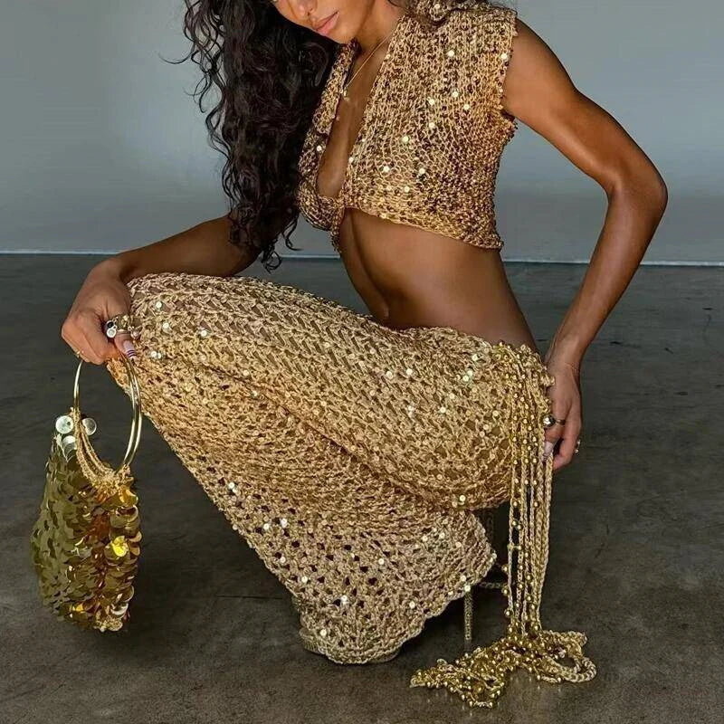 Women Fashion Sequined Party Set Casual Short Sleeve Tassel Mini Skirt