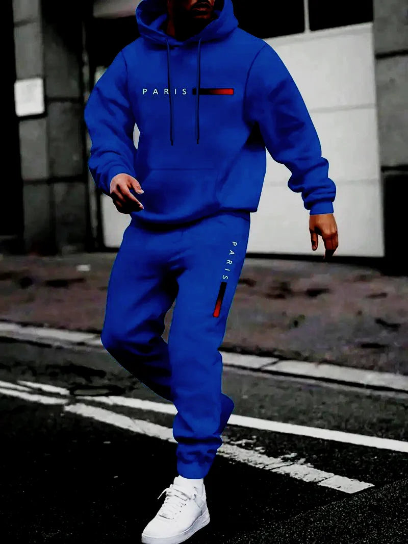 Men's Paris letter printed hoodie and drawstring sweatpants set