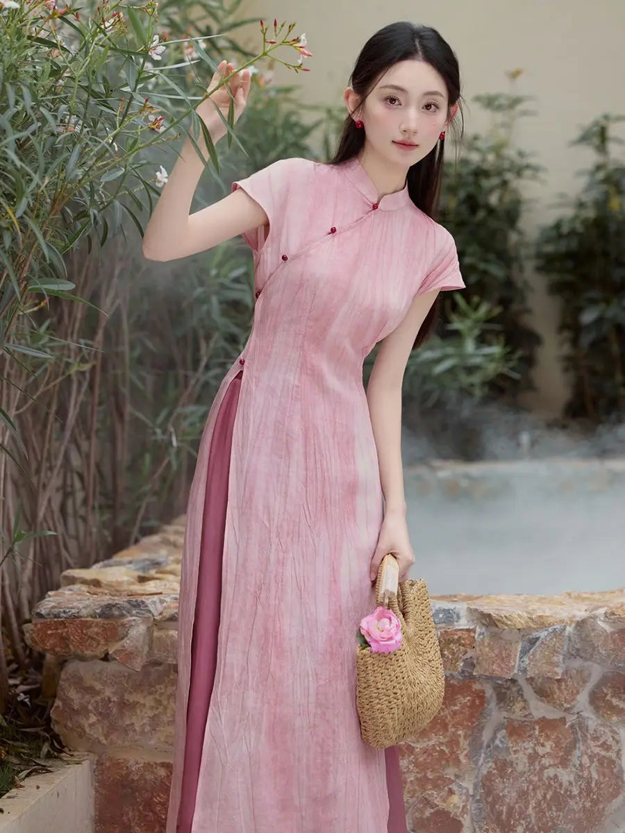 Spring summer vietnam aodai chinese styles dress with pants Women vintage long dress qipao pink elegant cheongsam dress