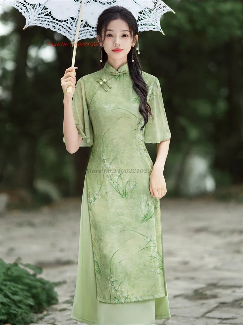 2025 vietnam traditional dress aodai chinese improved qipao national flower print cheongsam oriental folk fairy dress qipao