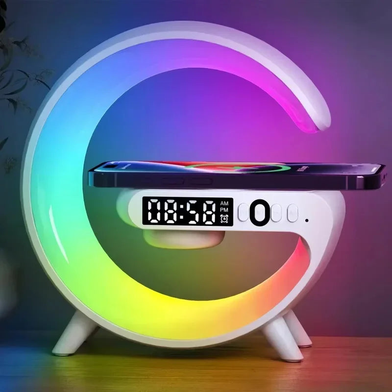 Christmas Gift 5.9" Fast Wireless Charger Desktop Stand Bluetooth Speaker TF Clock RGB Atmosphere Light Lamp For iPhone Samsung