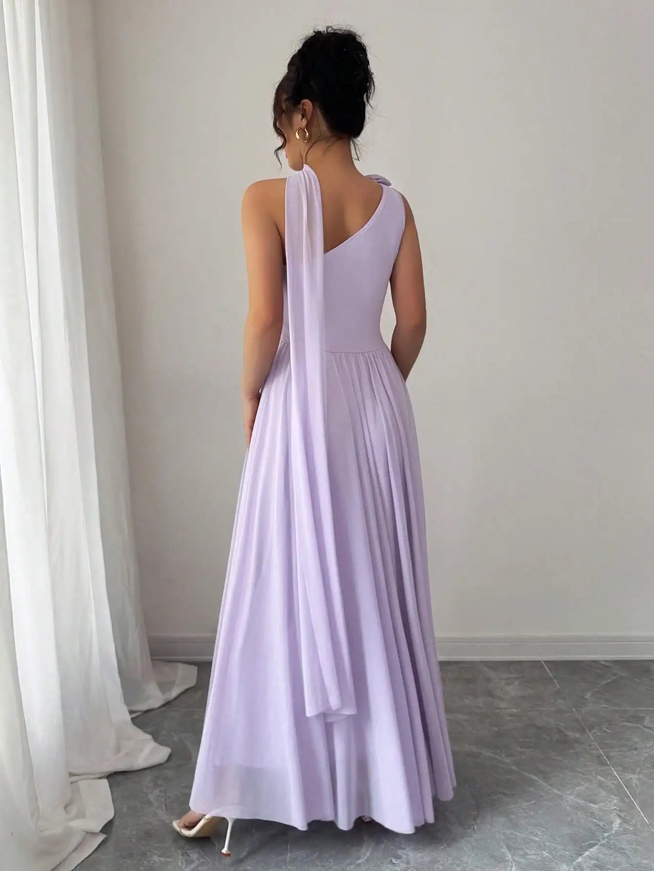 Women'S Lavender One-Shoulder Flowing Maxi Dress - Draped Neck Pleated Skirt For Weddings & Events