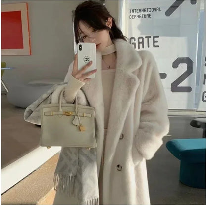 Women'S Long Thick Faux Fur Maxi Jacket Colorblock Autumn Winter Coat Warm Belt Fur Parkas Bontjas Furry Outerwear Coats