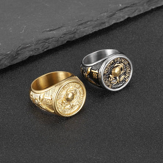 New Retro Marines Army Design Gold Silver Color Rings For Men Punk Vintage 316L Stainless Steel Ring Jewelry Gifts