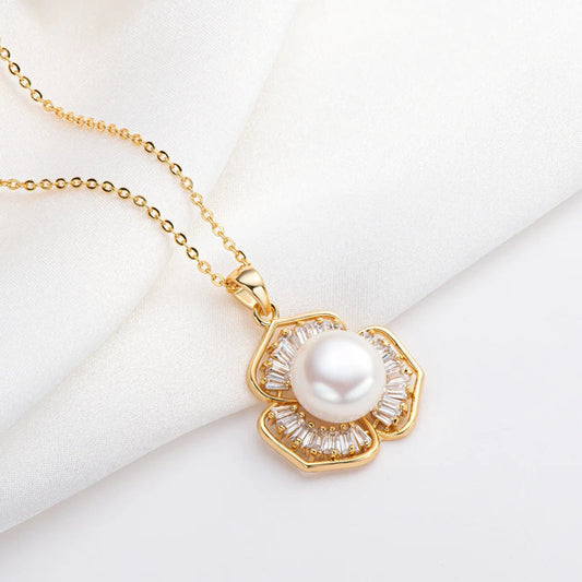 1pcs 9.5-10mm freshwater pearl flower necklace 14K g bag For Women Girl New Concise Trendy Wedding Jewelry Gift Party