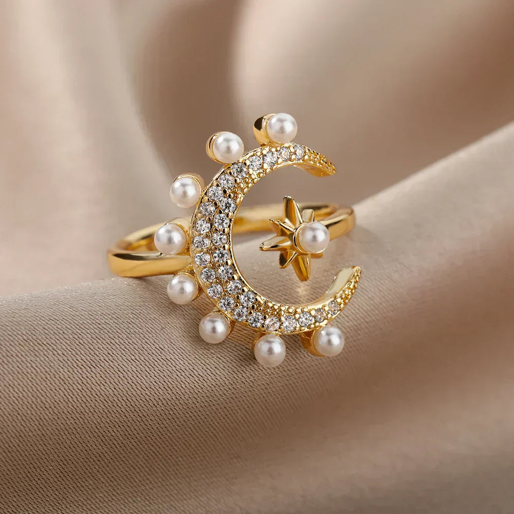Open Moon Star Pearl Rings For Women'Stainless Steel Adjustable Geometric Zircon Heart Crown Foldinger Ring Vintage Wedding Jewelry