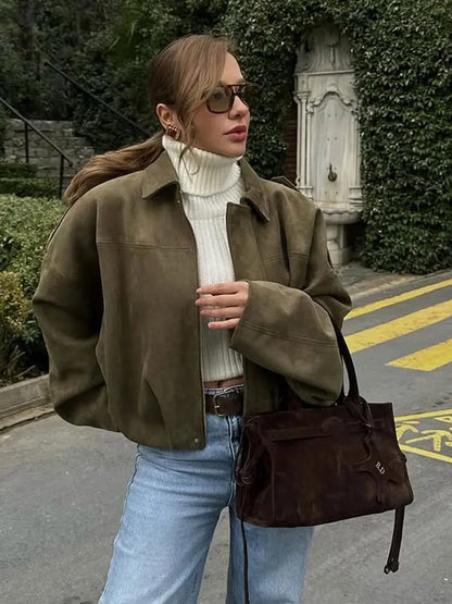 Women'S Brown Green Suede Jacket Loose Casual Bomber Coat Lapel Zipper Long Sleeve Jackets Vintage Lady Motorcycle Outwears