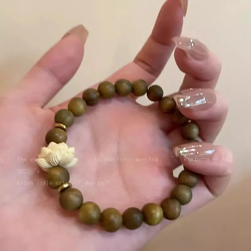 Wooden String Beads Lotus Bracelet WoMen's 2024 New Chinese Bracelet Zen Niche Retro Style Jewelry