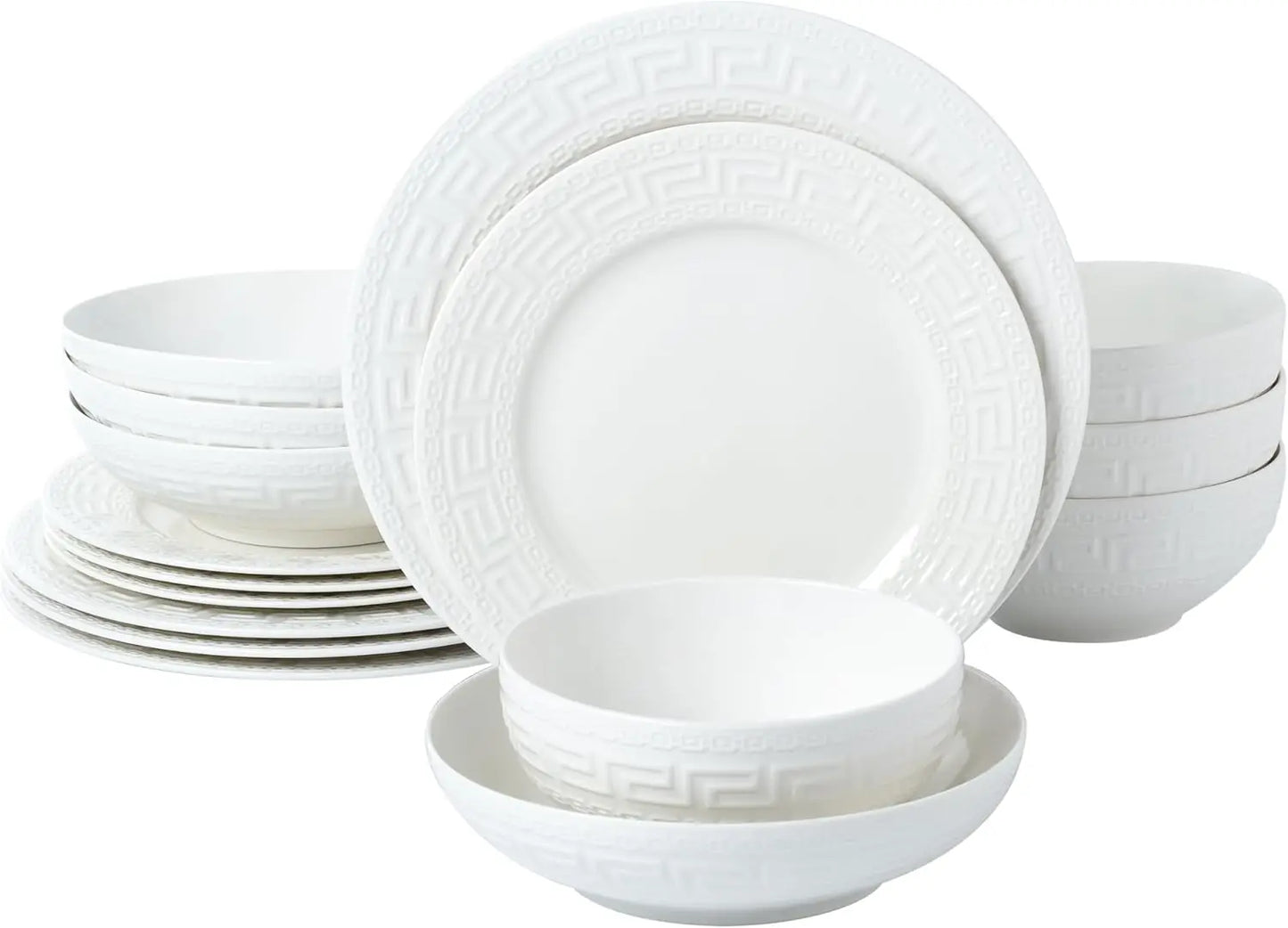 16-Piece Bone China Dinnerware Set, Service For 4, Greek Key White