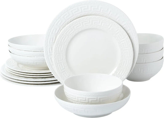 16-Piece Bone China Dinnerware Set, Service For 4, Greek Key White