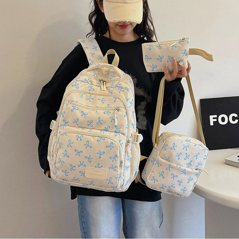 3Pcs/Set Bow Print Backpack with Crossbody Bag and Small Purse Bow Student Bookbag Simple Backpack for Elementary Middle Kids