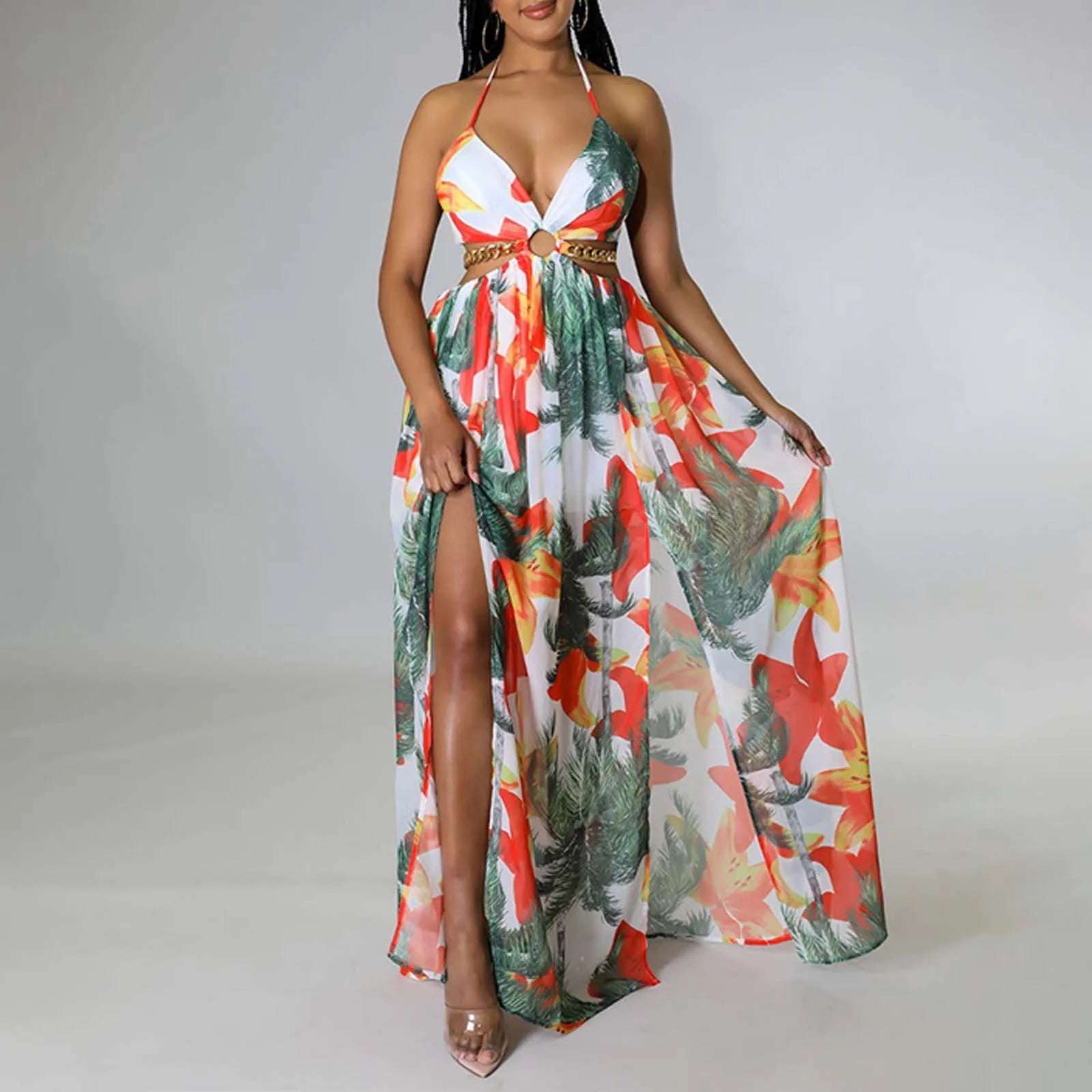 Floral Print Maxi Dress For Womentylish FrenHalterneck Summer Dress Mid Length Camisole Dress  High Split Dress
