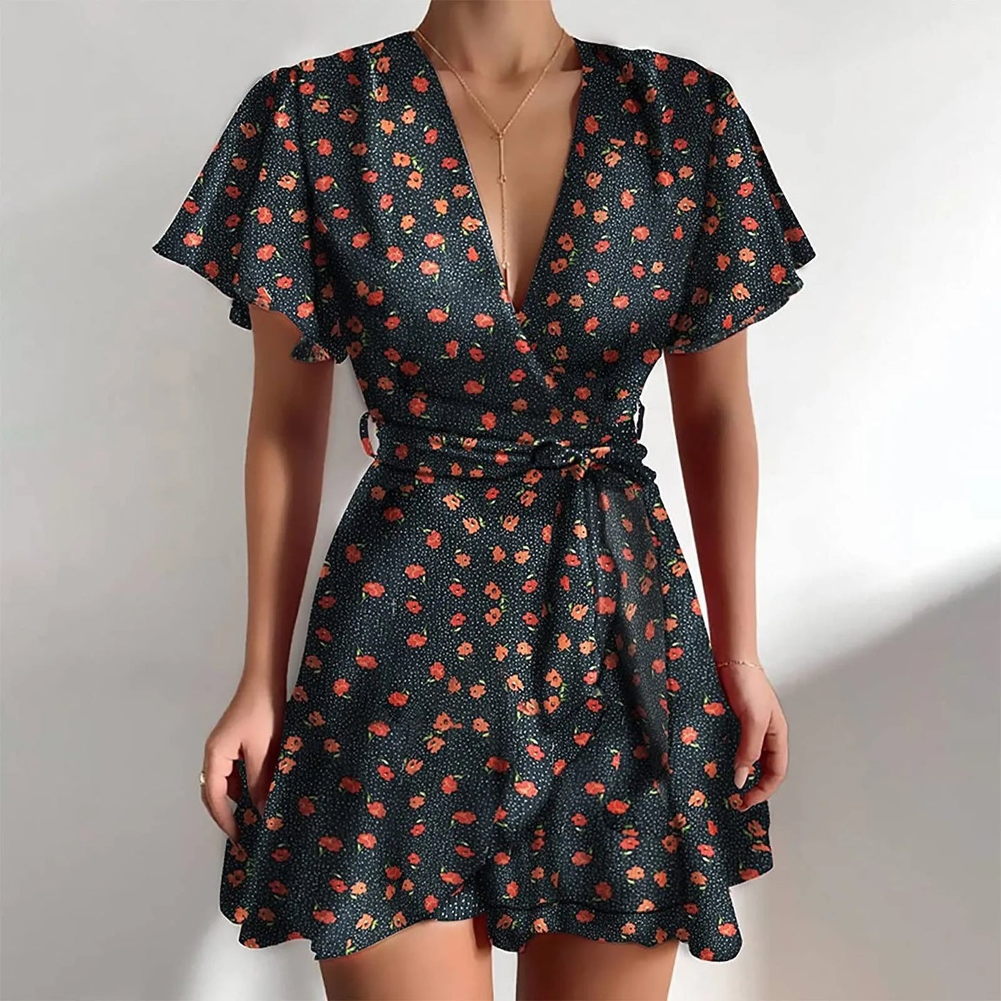 Summer Womens Floal Dress Sweet Elegant Floral Ruffles V-Neck Bandage